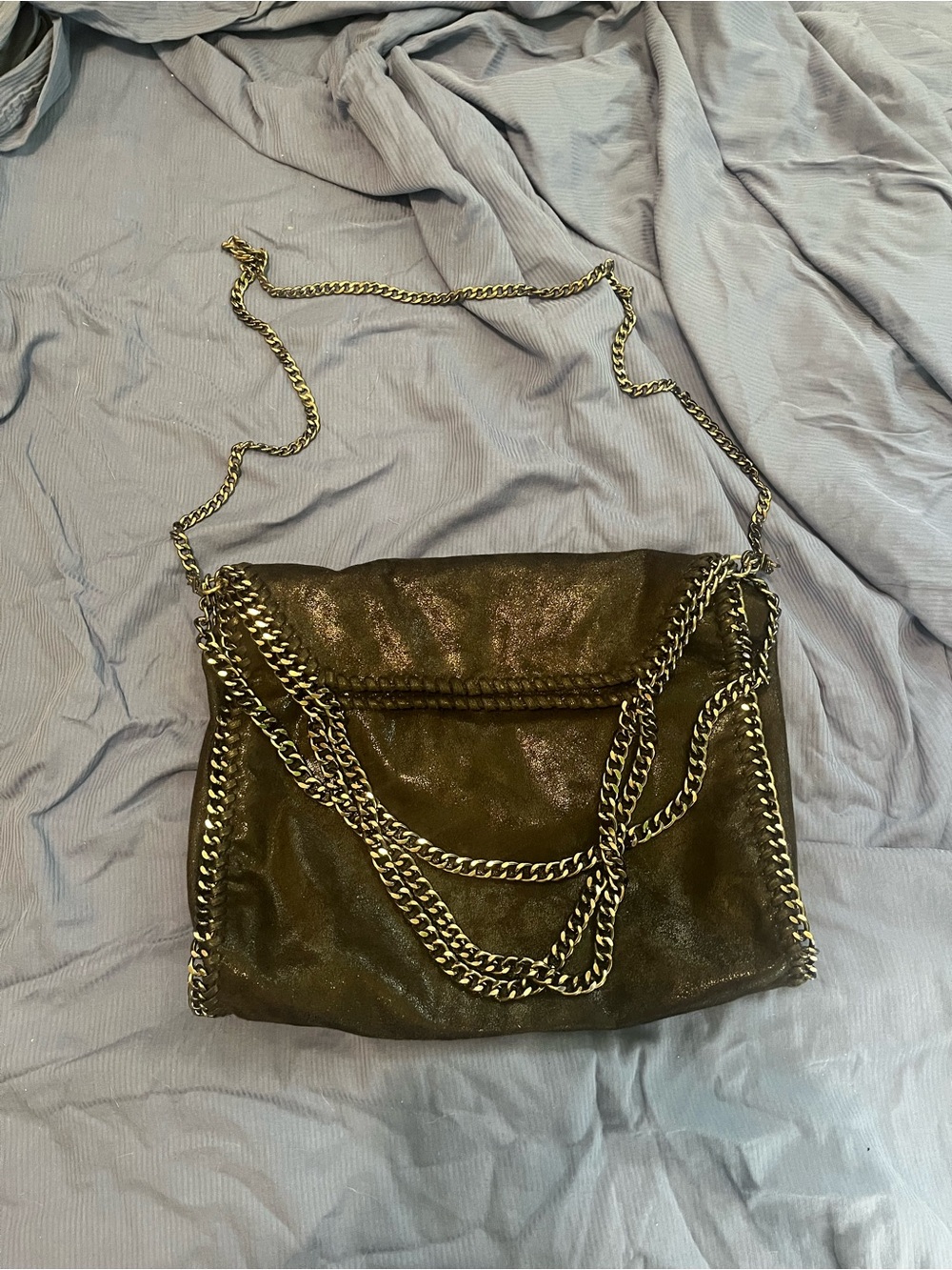 Metallic Black Chain-Trim Shoulder Bag
